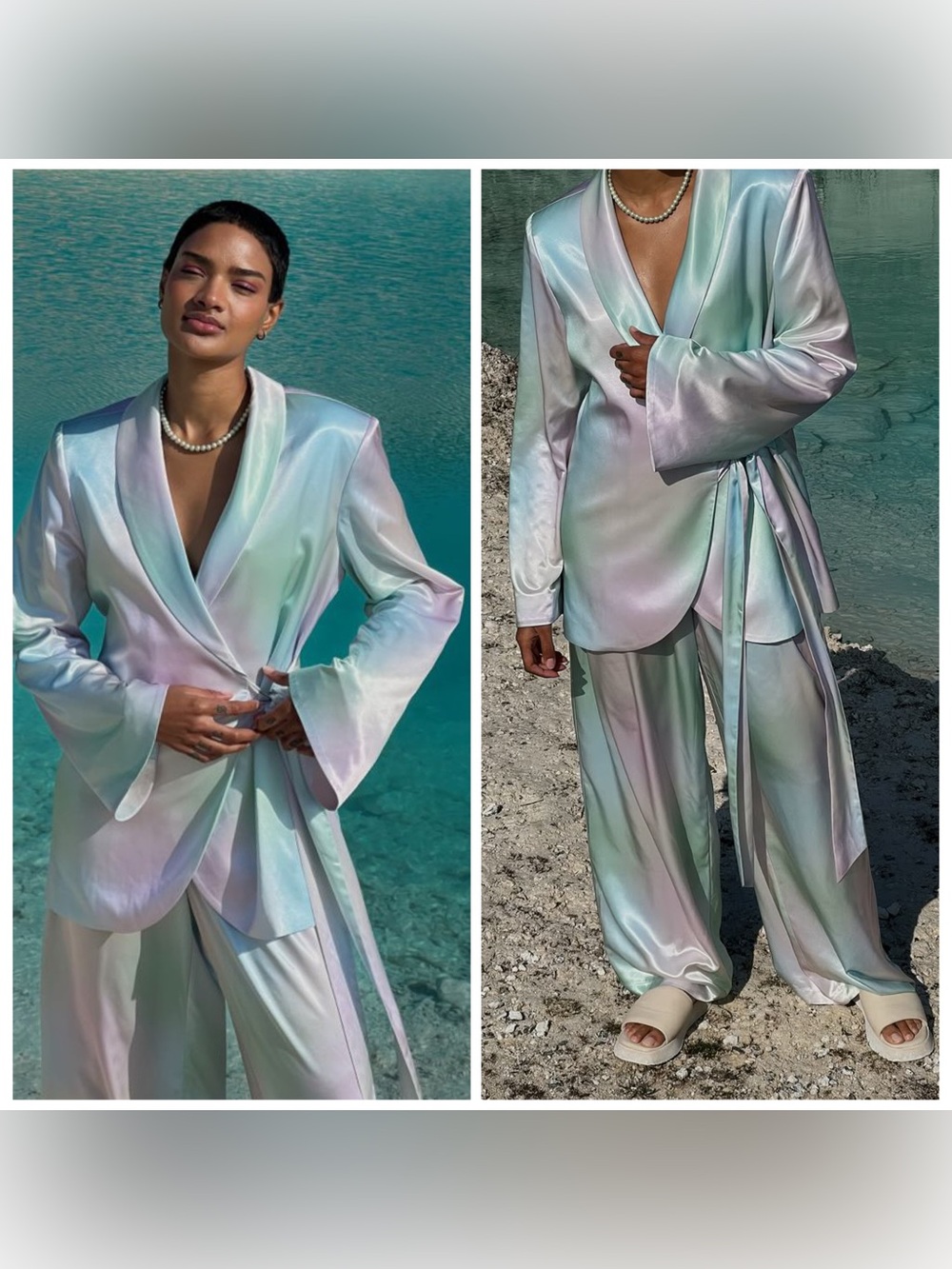 naked wardrobe Satin Pastel Wrap Blazer & Wide-Leg Pants - Mint/Pink/Lavender